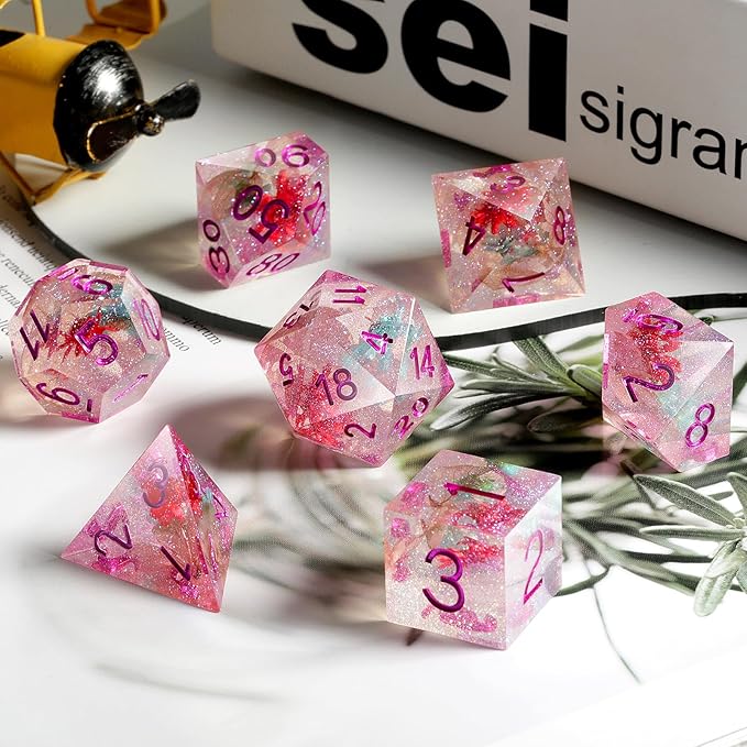 Resin DND Dice, DNDND Handmade Flowers Sharp Edge D&D Die Set with Gift Case for D&D Dungeons and Dragon Tabletop Games (Matt Purple)