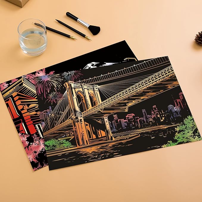 Scratch Rainbow Painting Art Paper,Scratch Art Crafts Set for Adults&Kids,Scratch Painting DIY Creative Gift with 4 Tools,16''x11''(Mt. Fuji&Brooklyn Bridge)