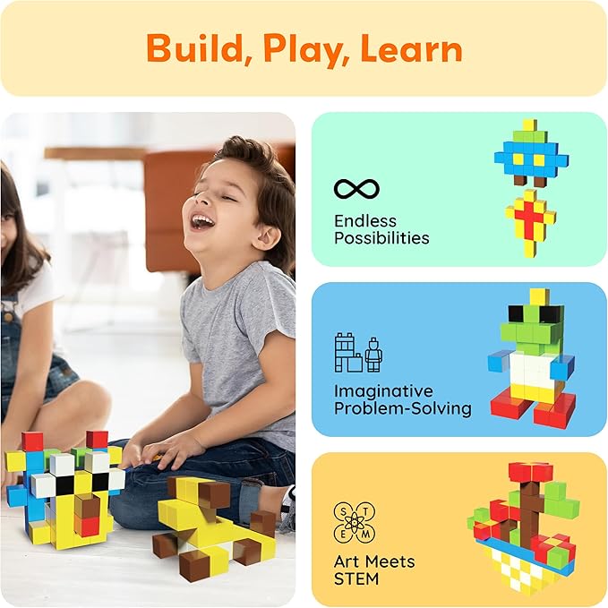 PicassoTiles 102pcs Pixel Magnetic Puzzle Cube 1” Pixel Mix & Match Toys with Ideabook STEM Education Learning Building Block Magnets Construction ToySet Stacking Creative Kit for Kids Age 3+ PMC102
