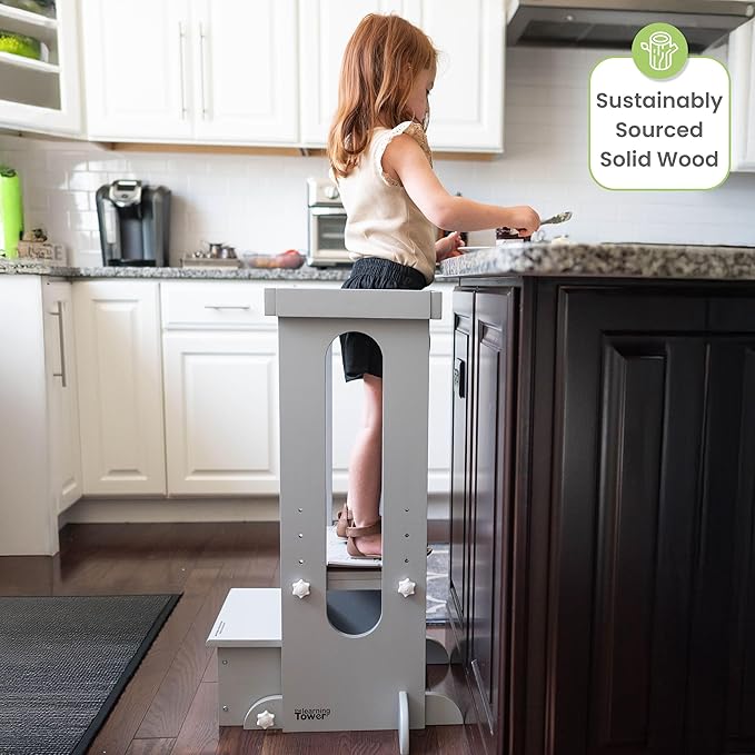 Little Partners Foldable Toddler Tower, Learning Tower Explore 'N Store Montessori Standing Kitchen Tower with Folding Step Stool Platform for Cooking and Learning, Ages 2+ (Silver Drop)