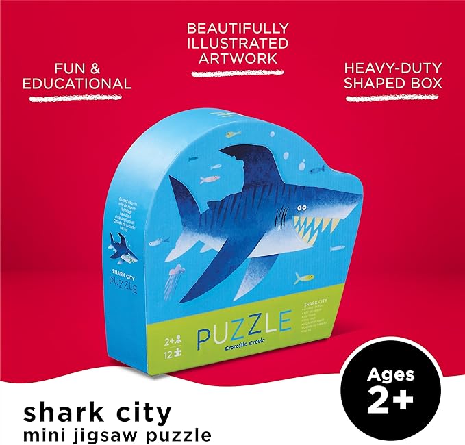 Crocodile Creek 12-Piece Mini Jigsaw Puzzle - Fun Floor Puzzles for Kids Ages 2-4 and Up - Heavy-Duty Shaped Box for Storage - Shark City - 12" x 9" Finished