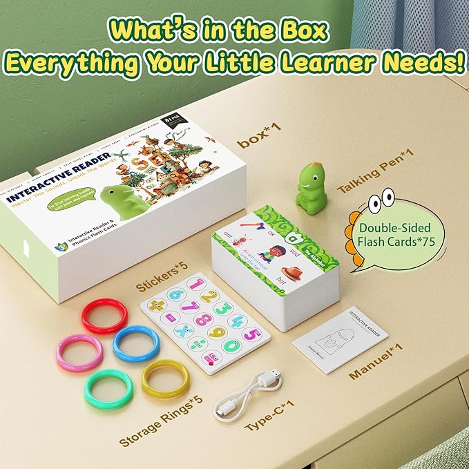 HOMESTEC Talking Phonics Flash Cards with Dino Reader Pen, Learn to Read for Kids Ages 3-6, Ideal for Kindergarten Reading Games, Homeschool, Speech Therapy, and Learning Activities Use