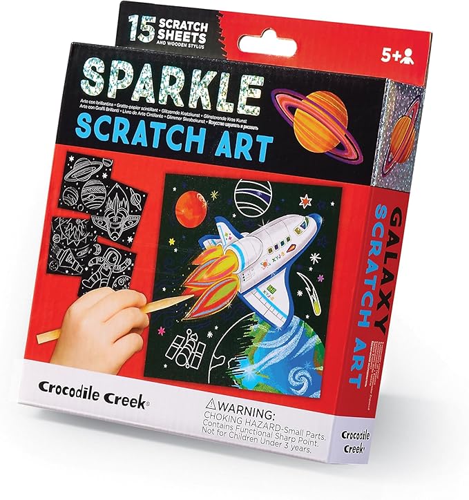 Crocodile Creek Space Sparkle Scratch Art for Kids - 16-Sheet Scratch Art Set with 10 Themed Sheets, 5 Blank Sheets, Stencil, and Stylus - Thoughtful Stocking Stuffers, Gifts, Art Supplies for Kids