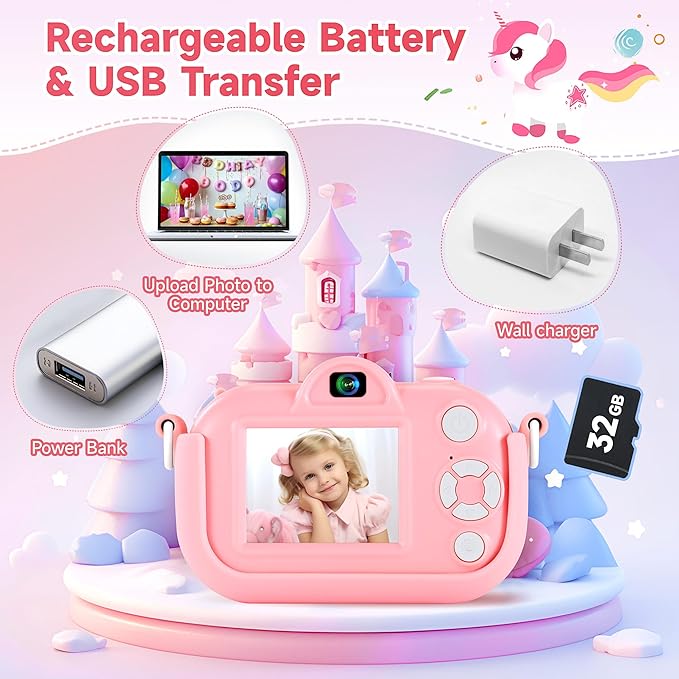Kids Camera Toys for Ages 3 4 5 6 7 8 9 Girls, 48MP Dual Lens Toddler Digital Camera Christmas Birthday Gift, Kids Selfie Camera with 32G SD Card, Silicone Cover