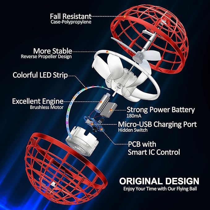 LEMATRIX 2024 Flying Orb Ball Toy, Hover Ball Boomerang Fly Fidget Spinner, Cool Toys Gifts for 6 7 8 9 10 11 12+ Years Old boy Girls Teens, Hand Mini Drone Cosmic Globe, Indoor Outdoor Toys(Red)