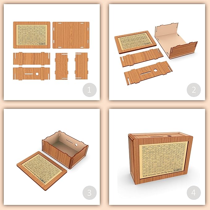 Piggy Bank for Adults Kids, Wooden Coin Bank for Boys and Girls, Cash Vault Money Saving Box with Counter $10000 $5000 Savings Challenge Money Box with Money Target and Numbers (Brown Box+ 13 Sheets)