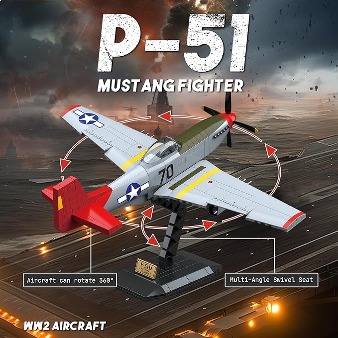 WW2 Military Fighter Jet Airplane P-51 Mustang Air Force Building Blocks Set(580Pcs) Compatible with Lego,Aircraft Toys Building and Military Gifts for Kid and Adult Boys Gift Aged 6+