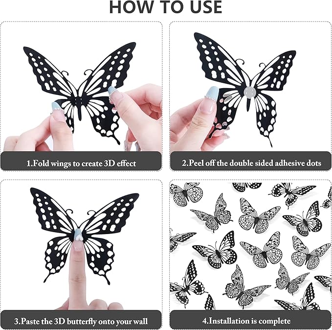 SAOROPEB 3D Butterfly Wall Decor - 48 Pcs, 4 Styles, 3 Sizes - Gold Butterfly Decorations for Birthday and Party Cake Decorations - Removable Stickers (Black)