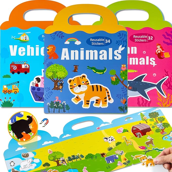 pinkking Magnetic Portable Playboard, Vehicles-Farm Animals-Ocean Animal 3 Set Activity Magnet Book for Toddler, Refrigerator Magnet Educational Learning Toys Travel Stickers Activity Books for Kids