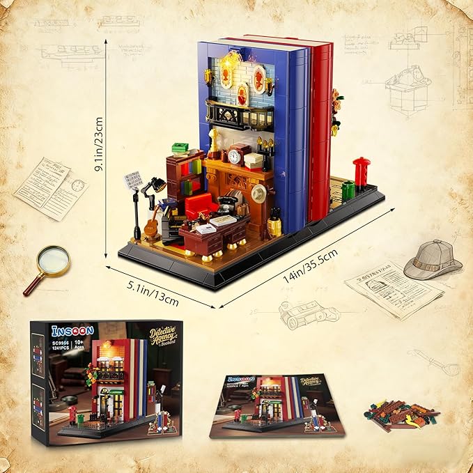 Detective Bookend Building Set with Lights, 1241 PCS Detective Agency Street House Building Block Kit for Home Decor Bookshelf, Collectible Mystery Bookstand Model for Adults Boys Girls Age 12+