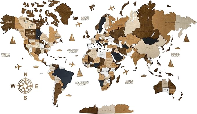 Wooden World Map 3D Art Large Wall Decor - Size (M & L & XL) Any Occasion Gift Idea - Wall Art For Home & Kitchen or Office (COFFEE, 83,86" x 44,49")