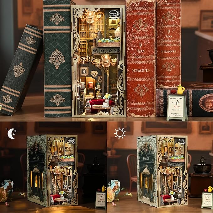 Book Nook Kit, DIY Miniature Dollhouse Booknook Kit, 3D Wooden Puzzle Bookend Bookshelf with LED Light for Adults Teens (Saison Café)