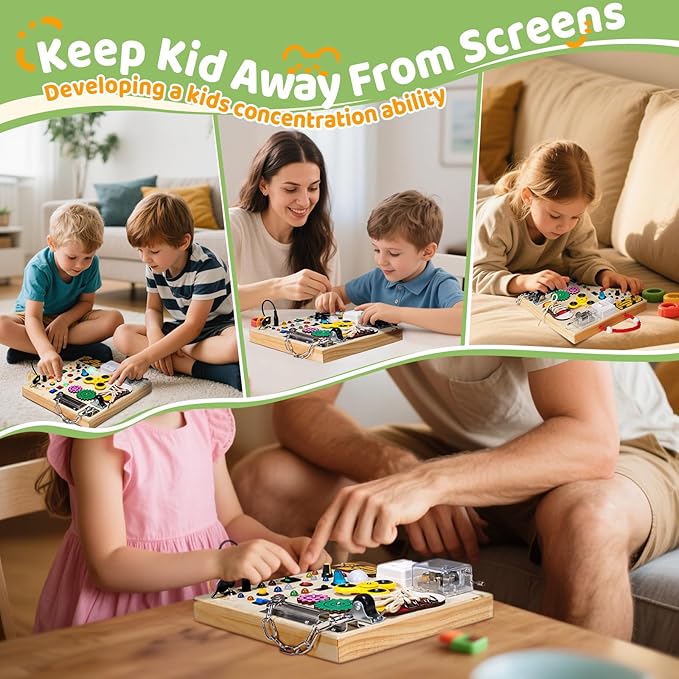 Montessori Wooden Busy Board Toys for 1 2 3 Years Old Boys Girls,Toddler Sensory Educational Fidget Board Travel Toy with LED Light Up Switches & Music Boxes, Locks for 1 to 6 Year Kids Gifts