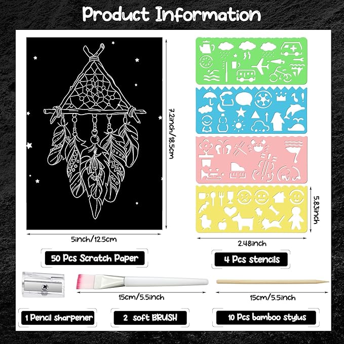 Noveread 67 Pcs Scratch Paper Art Set Scratchboard Craft Kits Black Coated Scratch Paper Wood Art Stylus and Stencils for DIY Birthday Party Gift Supplies (7.2 x 5 Inch)