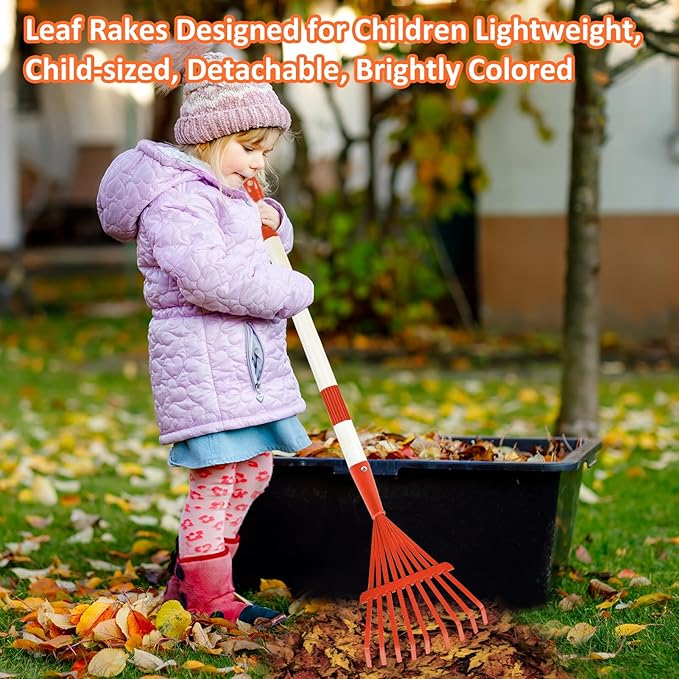 2PCS Kids Rakes for Leaves, 28" Child Size Garden Yard Rake Childrens Lawn Rake Toddler Leaf Rakes Blue Red Metal Head with Detachable Hardwood Handle Great Gardening Tools for Boy Girl
