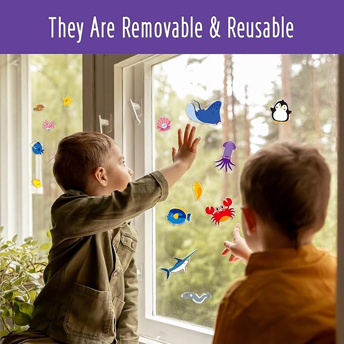 42PCS Marine Animal Jelly Stickers, Thick Window Door Clings Removable Reusable Gel Clings Decals for Kids Toddlers Adults Home Classroom Nursery Animal Party Supplies Decorations (Not Edible)