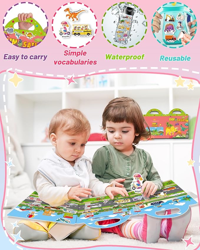 2 Pack Vehicle Dinosaur Reusable Sticker Book for Toddlers 2-4 Years, Toddler Sticker Book for Kids, Toddler Activities Crafts Preschool Learning Travel Birthday Gifts for Boys Girls