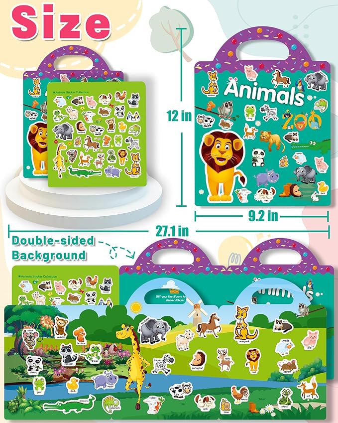 Reusable Animal Sticker Book for Kids Toddlers 2-4 Years, Preschool Learning Activities Waterproof Sticker Books for Teens Girls Boys