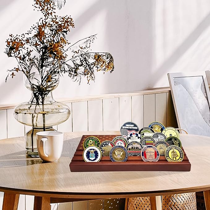 Challenge Coin Display Wooden Army Collectible Coins Holder 6 Row Display American Flag