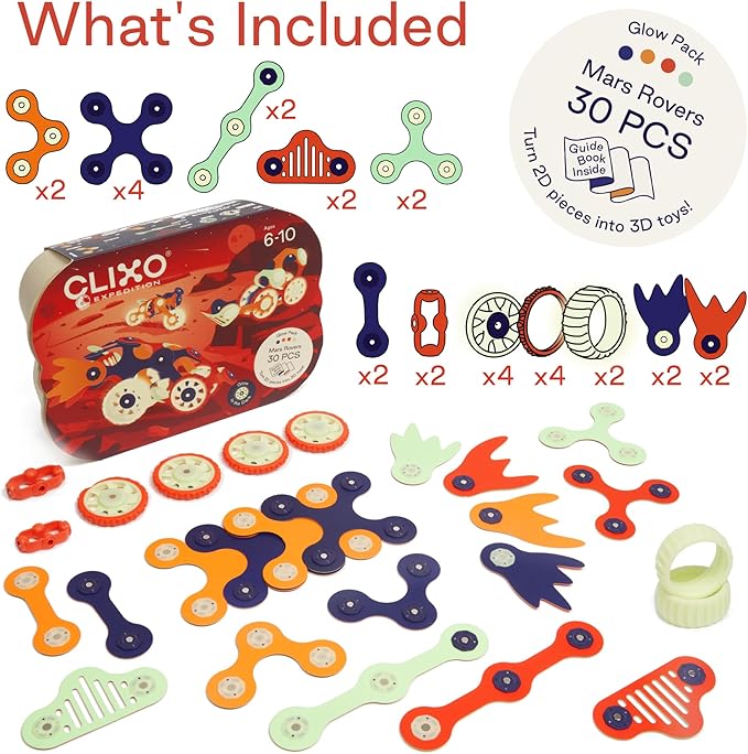 Clixo Mars Rover Pack - Glow-in-The-Dark Wheels Magnetic Building Toy - 30 Flexible Magnet Pieces for Galactic Exploration & Adventure. Award-nominated STEM Toy. Kids Gift & Travel. Ages 6+ [New]