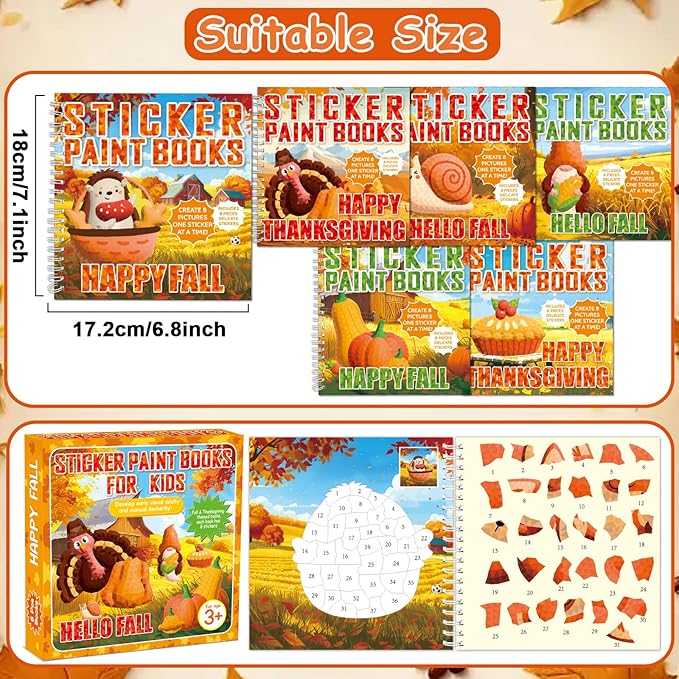 6PCS Thanksgiving Paint by Sticker Books Crafts for Kids Ages 4-8 Fall Activity Books with Turkey Pumpkin 48 Pictures