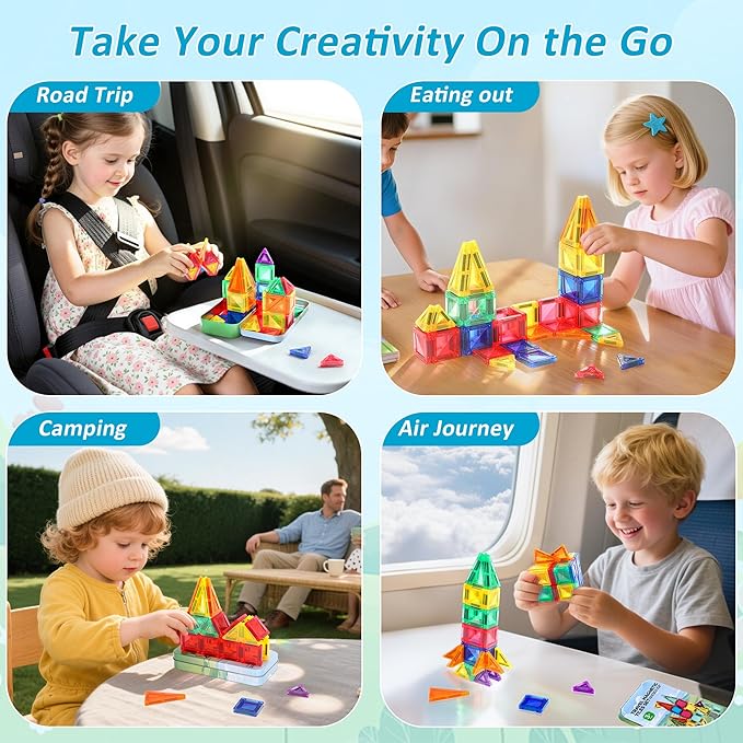 Mini Magnetic Tiles Toddler Travel Toys with Iron Box, STEM Educational Travel Set Building Toys for Kids, Travel Essential Portable Building Toys for Toddlers, Boys Girls Christmas Birthday Gift