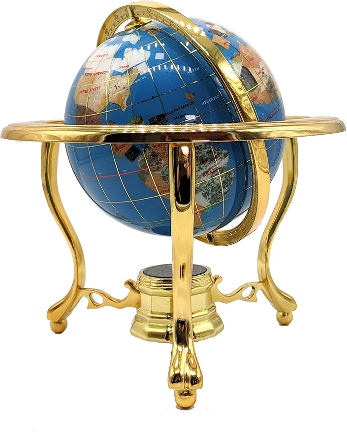 Unique Art 10-Inch Tall Table Top Turquoise Ocean Gemstone World Globe with Gold Tripod Stand (Turquoise Ocean Gold)
