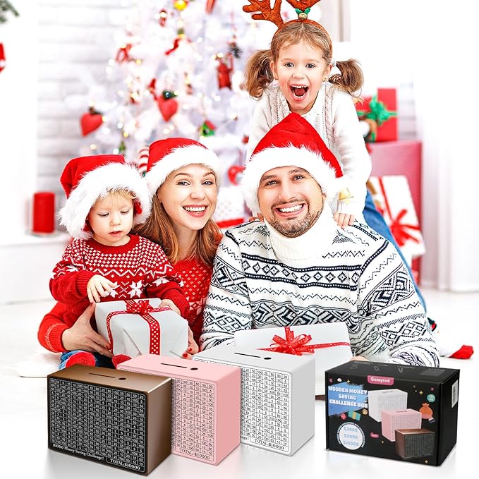 Wooden Cash Savings Box with Counter, Vault Bank for $10000 $5000 $3000 $1000 $800 $500 Target Money Challenge, Reusable Money Box with Dry Erase Pen/Savings Trackers/Rubber Band-Pink