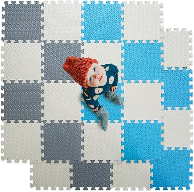 Foam Floor Mats for Kids, 12 x 12 Inch 16 Tiles 0.4" thickness Foam Play Mat, Non-Toxic Square Interlocking Floor Mats Rubber Baby Play Mat for Toddlers(White/Gray/Light Blue)