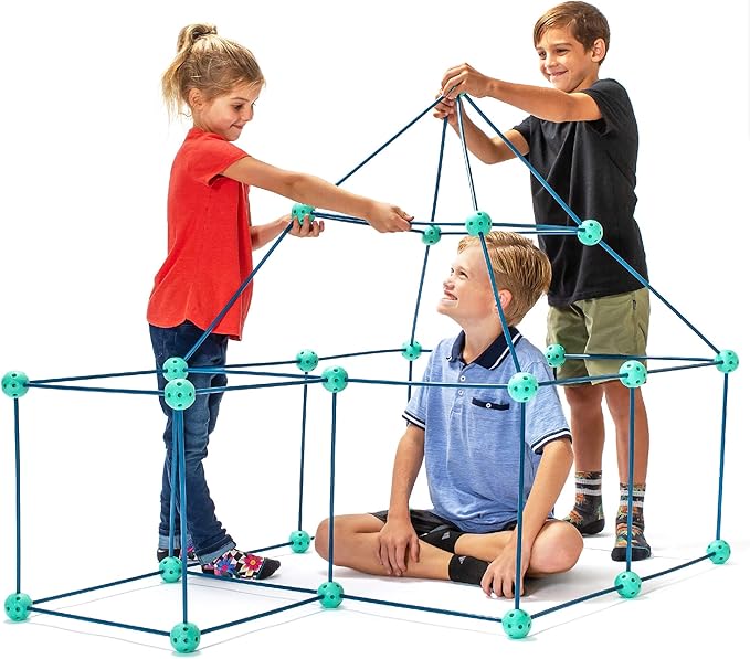 Power Your Fun Forts Kids Tent - 81 Pack STEM Toy Fort Building Kit, Building Toys Play Tent Indoor and Outdoor Playhouse for Kids Construction Toys with 52 Rods and 29 Spheres (Green, Blue)