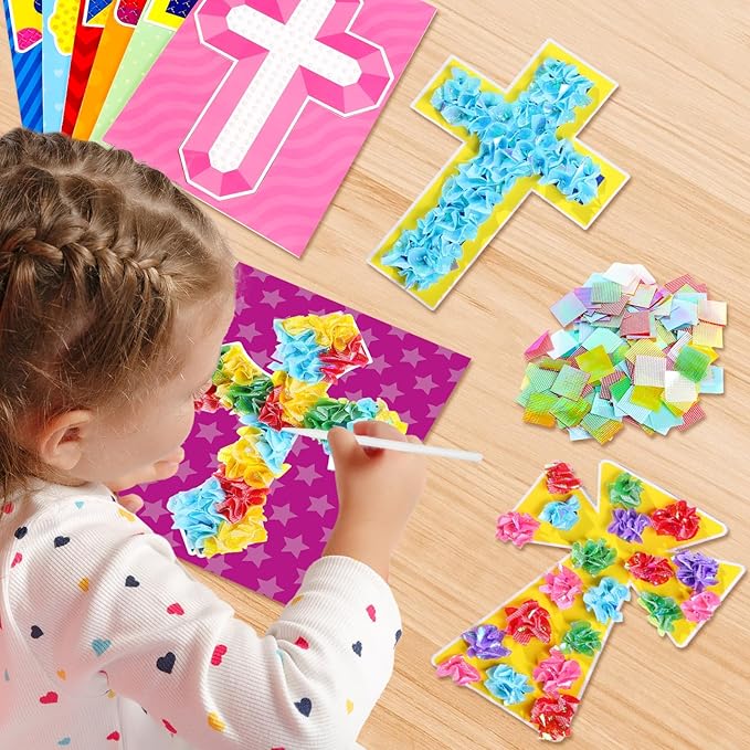 8PCS Poke-in Craft and Art Kit Kids Religious Cross Themed No-Mess Fabric Sewing Art Girl Boy 4-12 Puzzle Puncture Painting Christian Sunday School VBS Creative Activity Game Birthday Party