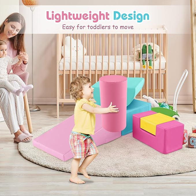Costzon Toddler Climbing, 6 Pieces Climb and Crawl Playset with PU Cover for Baby Crawling, Climbing & Walking, Indoor Foam Climbing Blocks for Toddlers (Pink)