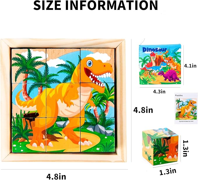 Wooden Dinosaur Block Puzzles for Kids Ages 3-5 with Baby Book, Jigsaw Puzzles Preschool Educational Interactive Toys Gift for Boys Girls, Wood Dino Cube Puzzles for Toddlers 2 3 4 5 6 Years Old