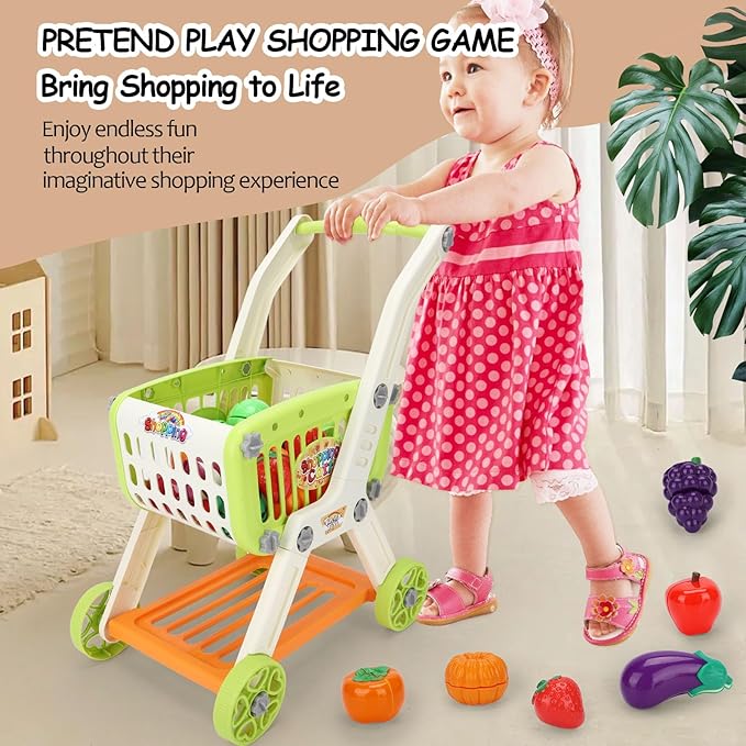 Kids Shopping Cart with Cutting Play Food Set for Kid Kitchen, 2 in 1 Shopping Cart for Kids Grocery Store Pretend Play Kitchen Accessories Sorting Food Bucket Learning Toys Gift for Toddler 3-5