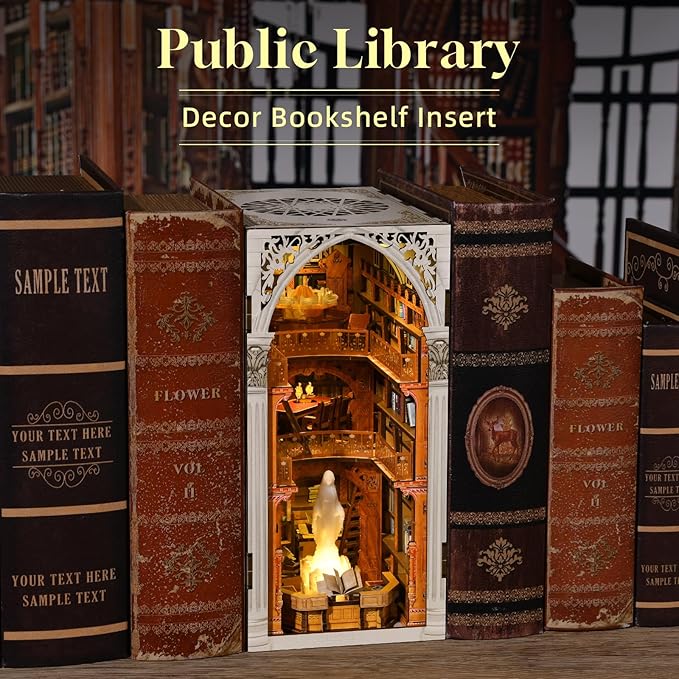 DIY Book Nook Kit, Miniature Dollhouse Booknook Kit, 3D Wooden Puzzle for Teens and Adults, Bookend Bookshelf Insert with LED Light (Public Library)