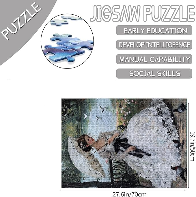 Woman with a Parasol Puzzles for Adults 1000 Piece Jigsaw Puzzles for Adult Victorian Impressionism Puzzles Elegant Lady Jigsaw Puzzles for Lovers Gifts European Noblewoman Jigsaw Puzzle for Adults