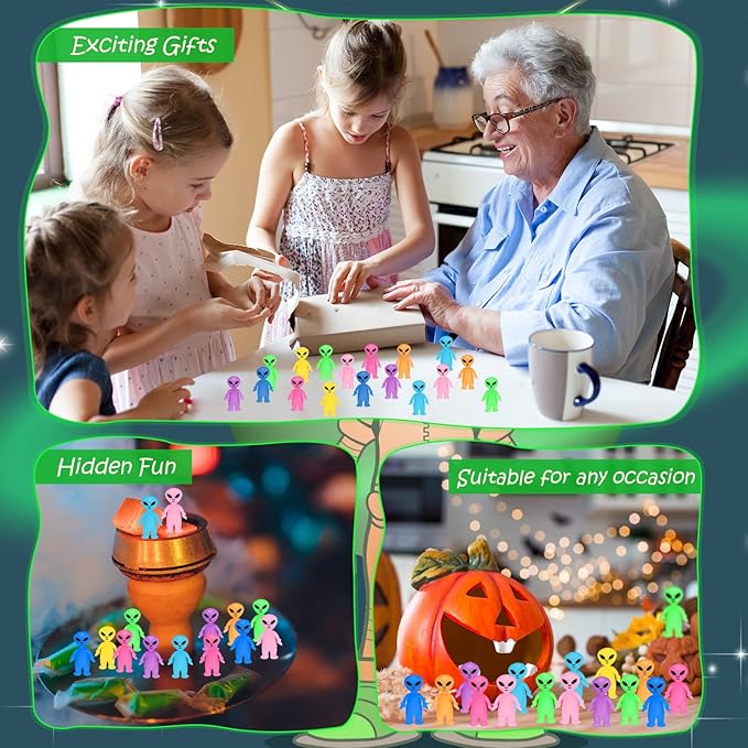 40 Pcs Colorful Mini Alien Figures Glow in The Dark Small Little Tiny Aliens Figurine to Hide and Seek for Space Party Favors Prank Gifts Halloween Party Goodie Bag Fillers, 8 Colors