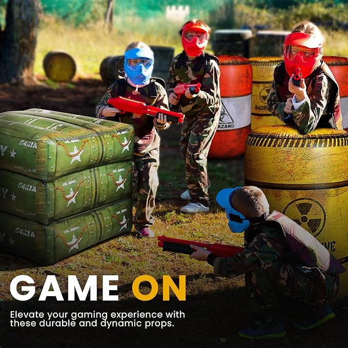 Package 8 Combat Battle Field Inflatables, 6 Barrels + 1 Sandbag + 1 Army Box, Compatible with Laser tag, Water Gun for Boys Birthday Party Activities and Decoration.