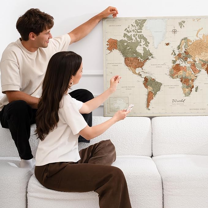 Canvas World Map with Cork Pin Board - English Lettering - Decorative Wall Decoration for All Rooms - Canvas Pictures with World Map Motif (70x50 cm, Pattern 2)