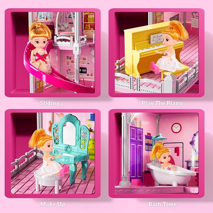 Villa Playset for Girls Ages 3-7, Indoor Playset Girls Toys for Ages 6-8 with 4 Storeys 18 Rooms 4 Dolls, Furniture and Accessories, Pretend Toddler Toy, Birthday Gifts for Kids 3 4 5 6 7 8