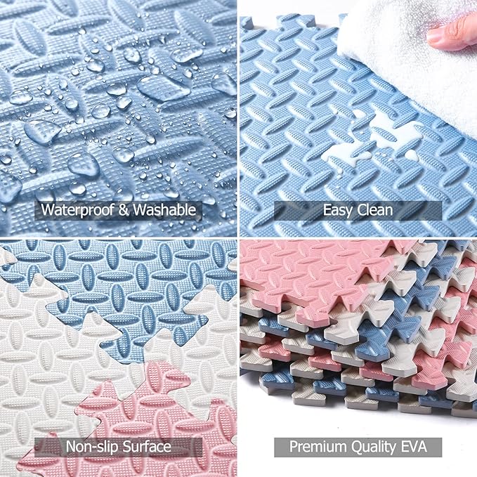 Foam Floor Mats for Kids, 12 x 12 Inch 16 Tiles 0.4" Thickness Foam Play Mat, Non-Toxic Square Interlocking Floor Mats Rubber Baby Play Mat for Toddlers(White/Gray Blue/Lori Pink)