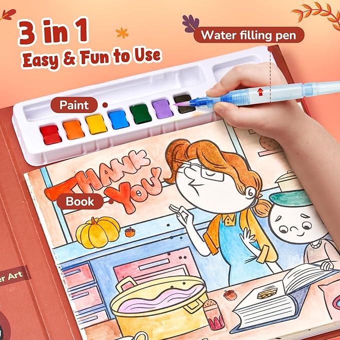 JoyCat Paint with Water Coloring Books, Art & Craft Activity, No Mess Art for Kids Ages 4-8, Craft Kits & Supplies, DIY Creative Activity, Presents for Girls & Boys (Thanksgiving)