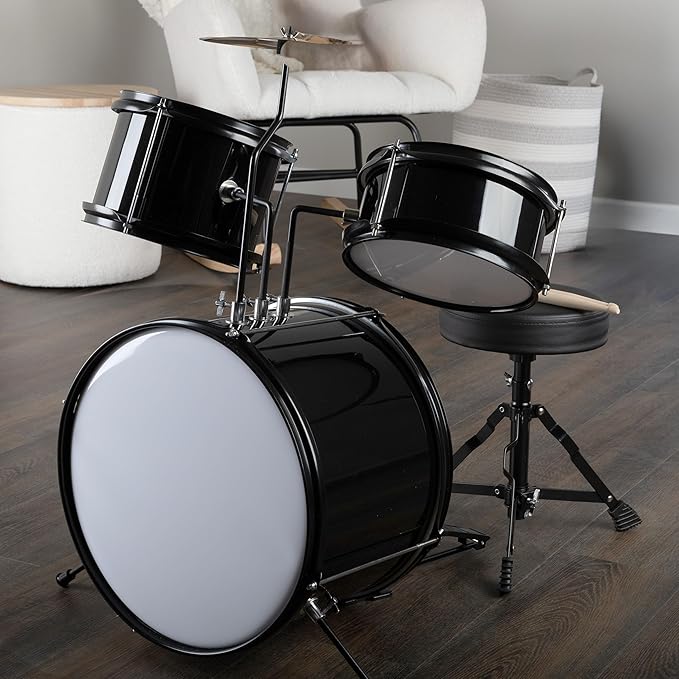 Kids Drum Set - 3-Piece Drum Kit with Cymbal, 2 Toms, Bass Drum and Pedal, Drumsticks, and Throne - Beginner Musical Instruments by Hey Play (Black)