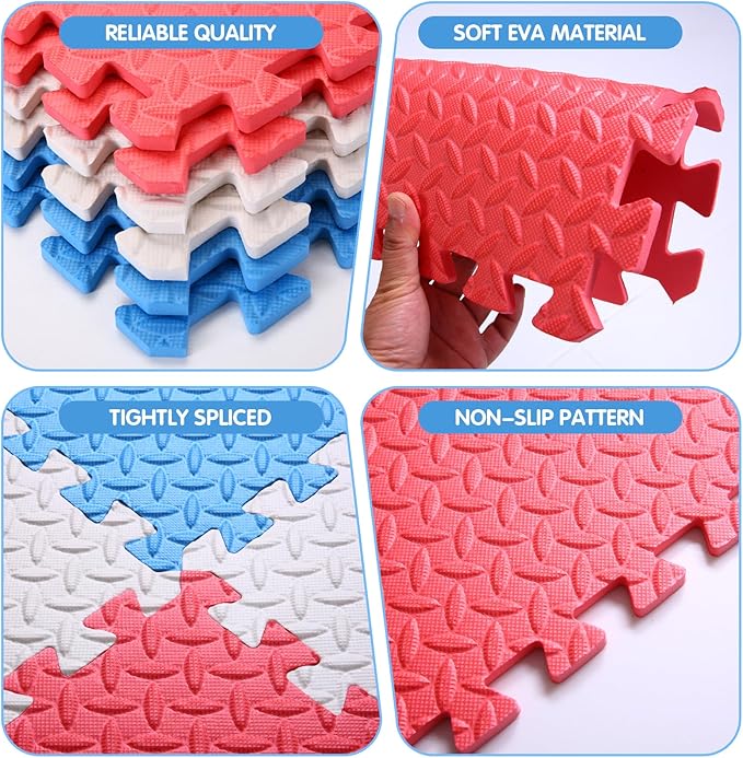 Foam Play Mat for Baby, 0.4 Inch Thick Foam Interlocking Floor Mats, Soft Non-Toxic Baby Playmat, Solid Colored Puzzle Play Mat Kids Floor Mats for Toddler, 16 Tiles(White/Red/Blue)