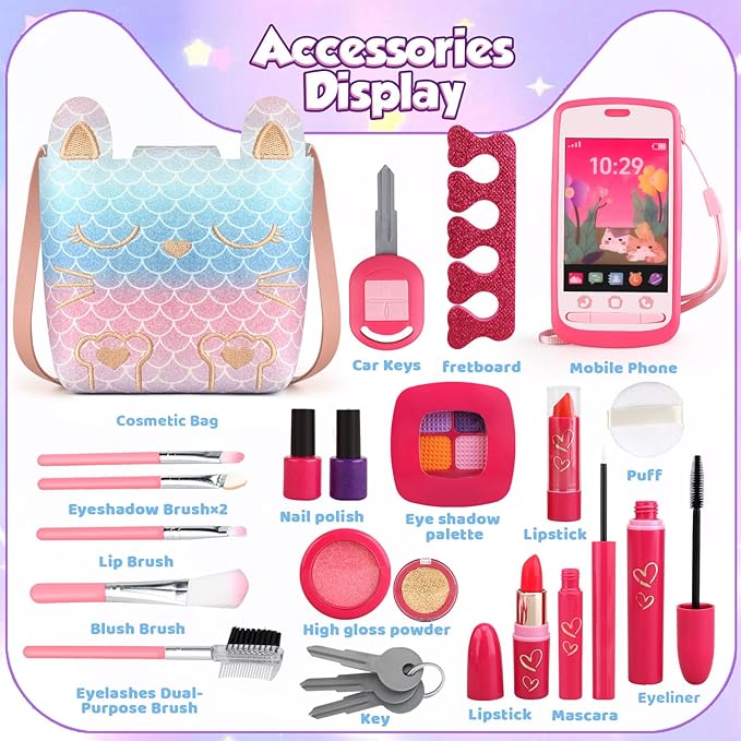 Pretend Makeup for Toddlers, Play Makeup Kit for Little Girls Age 3-5, Mermaid Toy with Fake Make up Set for Kids, Christmas Birthday Gifts for 3 4 5 Year Old Girl