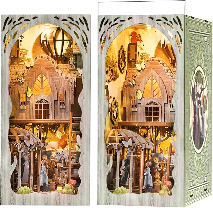 DIY Book Nook Kit, DIY Miniature Dollhouse Booknook Kit, Wooden 3D Puzzle Bookend Bookshelf Insert Decor with LED Light for Teens and Adults (Dorothy's Journey)