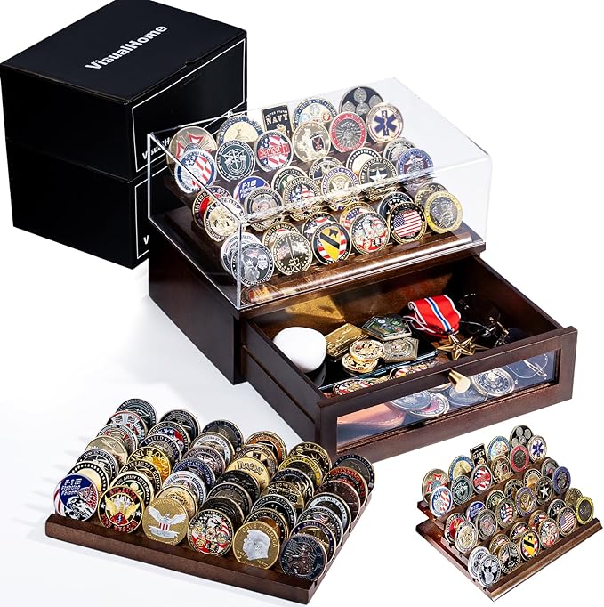 Premium Challenge Coin Display Case for 100 Coins - 360° View & Interchangeable Panels - Military, Police, Fire Fighter Gift for Retirement, Promotion