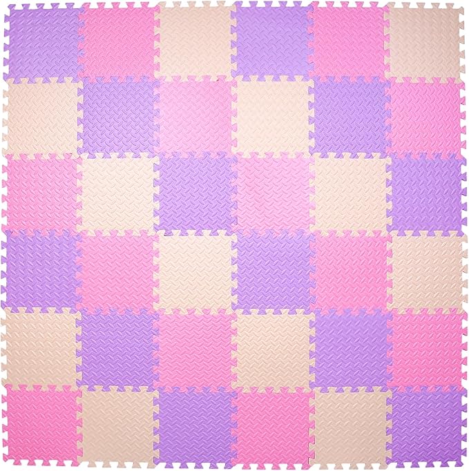 36 Tiles Foam Play Mat for Baby, 0.4 Inch Thick Foam Interlocking Floor Mats, Soft Non-Toxic Baby Playmat, Solid Colored Puzzle Play Mat Kids Floor Mats for Toddler(Pink/Beige/Purple)