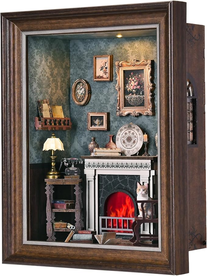 Book Nook Kit - 3D Wooden Puzzle with LED Switch Control & Wall-Mountable Frame，DIY Miniature House for Beginners，Bookshelf/Tabletop/Wall Decor for Craft Lovers，Dollhouse Gift,Fireplace