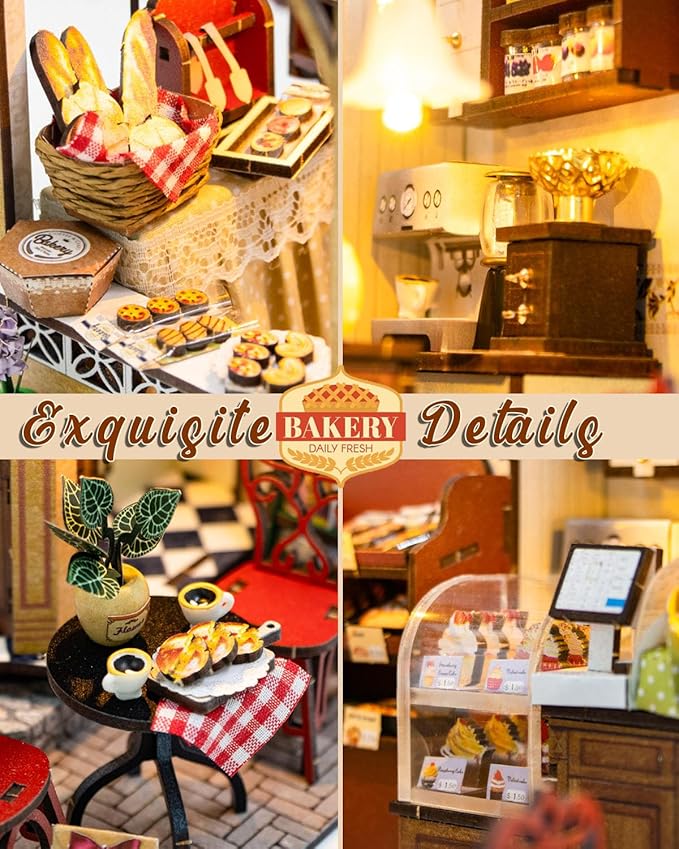 Miniature House Kit Julia Bakery, DIY Dollhouse Kit for Adults with Furniture & LED, Tiny House Kit Wooden Craft Gift for Adults Women Teens